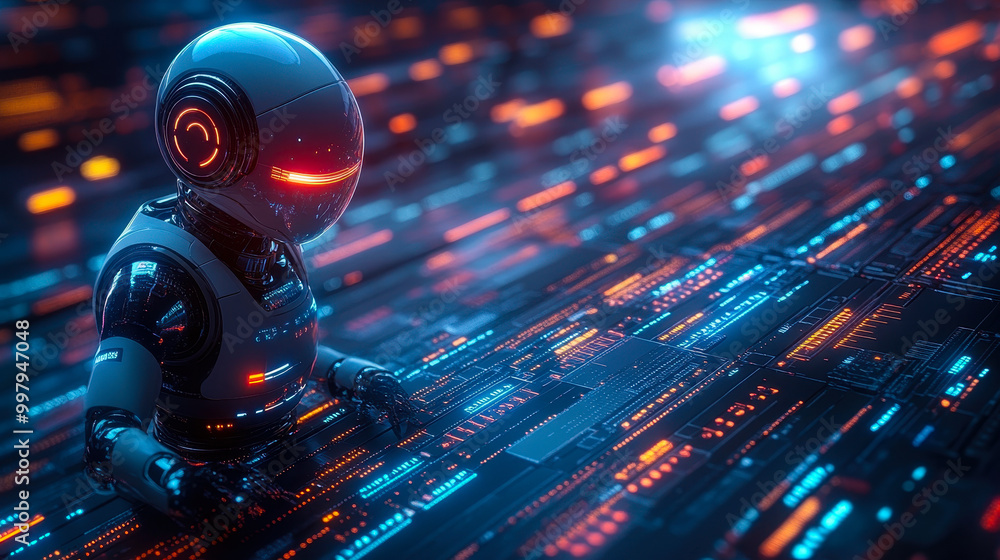 Poster ai robot working on version control system, digital data organization with revision history tracking