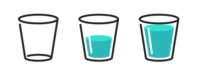 Water glass cup icon full half and empty vector stroke thin line pictogram graphic illustration set, white blue outline drink beverage simple isolated symbol image clip art
