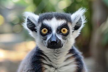 Obraz premium A baby lemur with yellow eyes stares at the camera