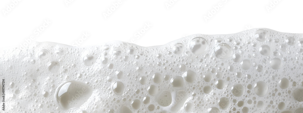 Poster close-up of white soap bubbles with water droplets on transparent background captured in a bright se