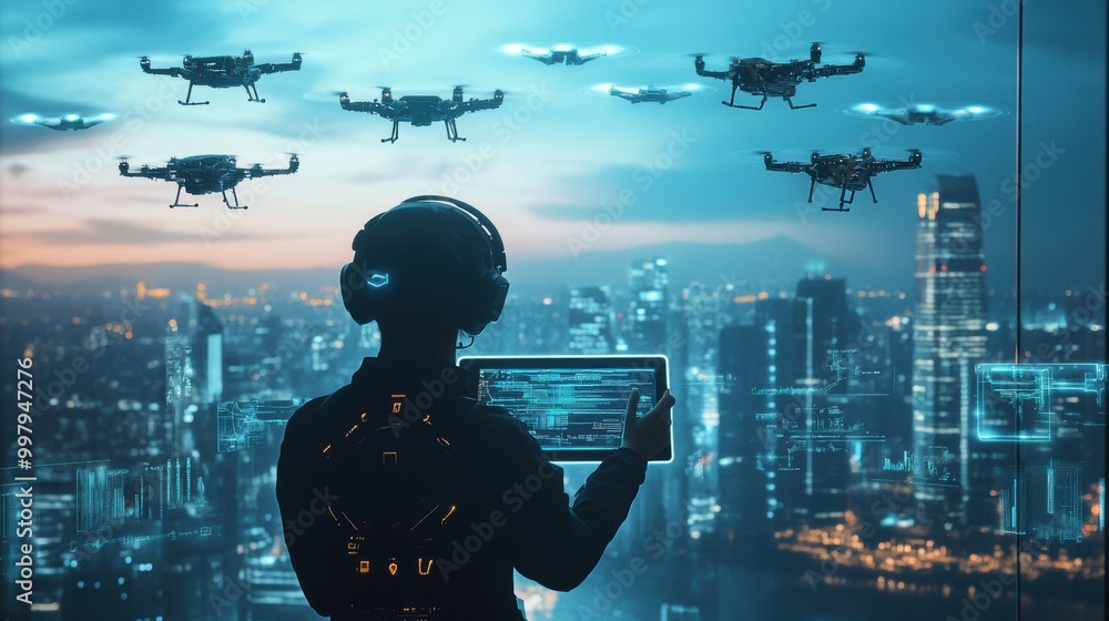 Aufkleber The pilot skillfully controls a swarm of advanced drones with a touchpad, monitoring the expansive cityscape in the background. Generative AI