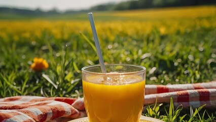 A cup of freshly made orange juice with a slice of fresh orange as finishing, sitting on a picnic cloth in a nice sunny and good weather day