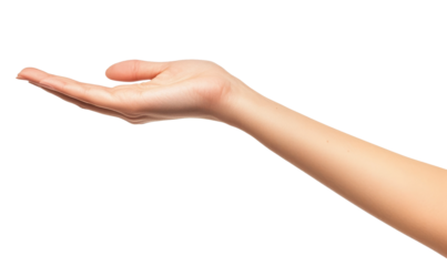 A human hand reaching out with an open palm, located in a well-lit environment with a transparent background