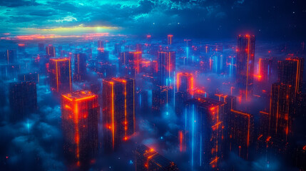 Futuristic cityscape with neon-lit skyscrapers and AI deployment illustrating serverless computing and Function as a Service (FaaS), night-time, technological advancement