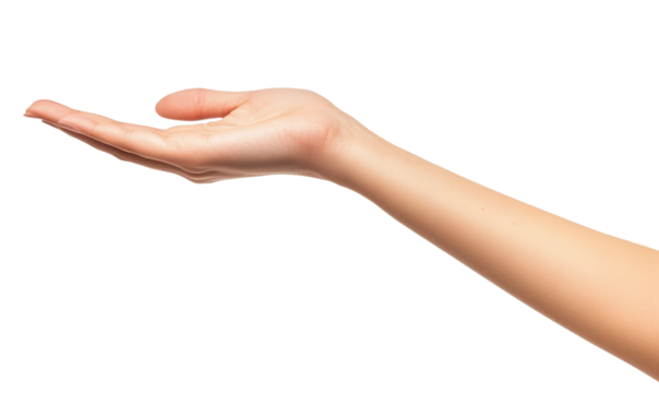 A human hand reaching out with an open palm, located in a well-lit environment with a transparent background
