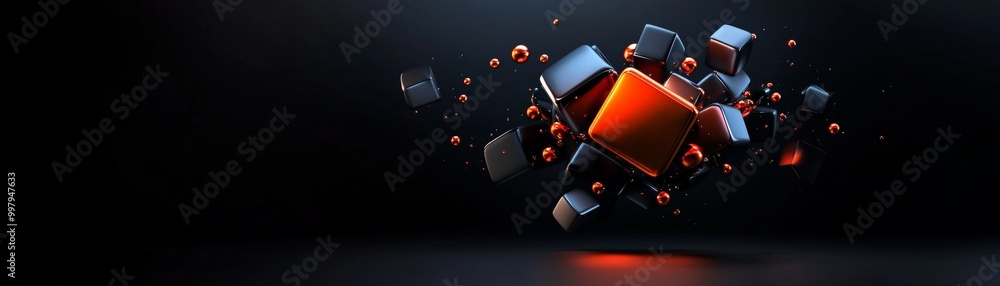 Poster abstract explosion: a vibrant orange cube explodes into a myriad of smaller cubes, a captivating vis