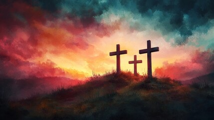 Three crosses stand tall against a dramatic sunset, a powerful reminder of Jesus Christ's sacrifice. .