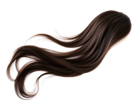 Long flowing dark brown hair with smooth strands isolated on a transparent background