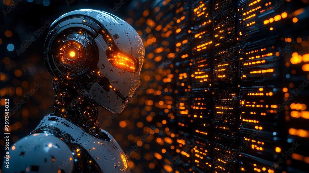Poster ai robot engaging in version control and revision history tracking in futuristic data center at nigh