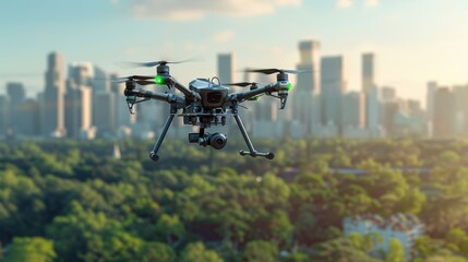 Naklejka premium Drone Soaring Above Cityscape: A high-tech drone captures the urban jungle from a bird's-eye view, showcasing the power and potential of aerial technology in a captivating and modern setting. 