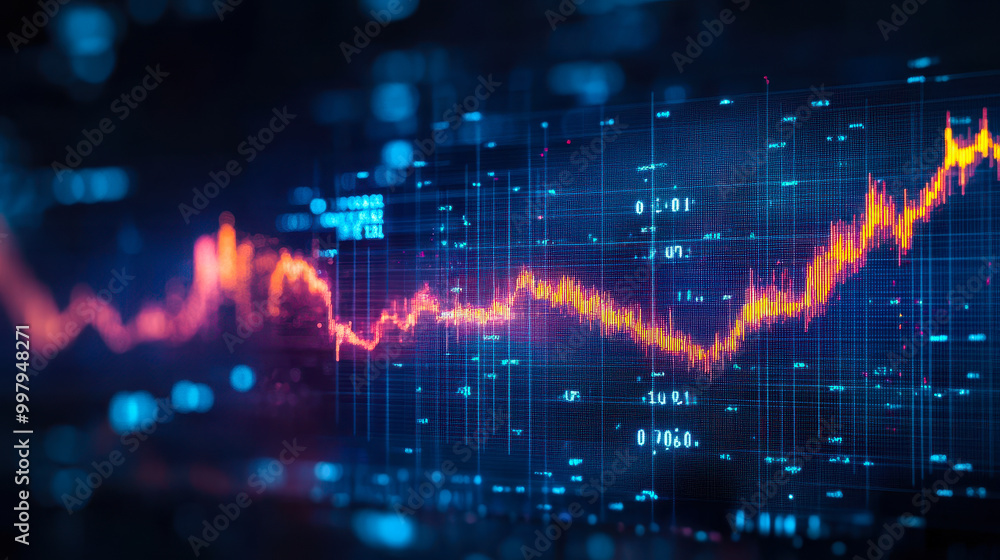Poster dynamic forex trading chart with digital data visualization and rising trend lines in a dark futuris
