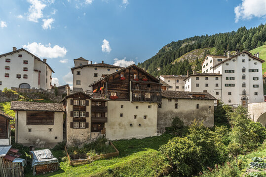 Spluegen, a typical swiss alpine village with historic buildings, Canton of Grisons, Switzerland