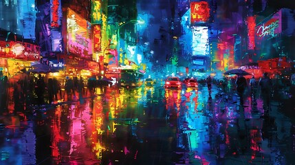A colorful impressionist painting of a bustling city street at night, with bright lights reflecting off wet pavement and abstract figures moving through the scene. 8k UHD, suitable for high-quality 