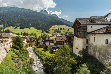 Spluegen, a typical swiss alpine village with historic buildings, Canton of Grisons, Switzerland