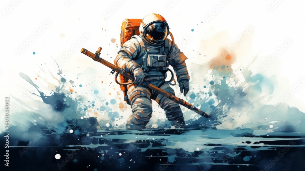 Poster a man in a spacesuit is standing in the water with a stick