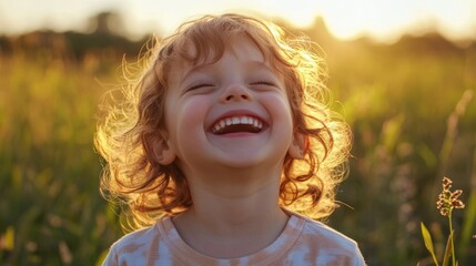 A joyful child with curly hair smiles broadly in a sunlit field, capturing a moment of innocence and happiness.