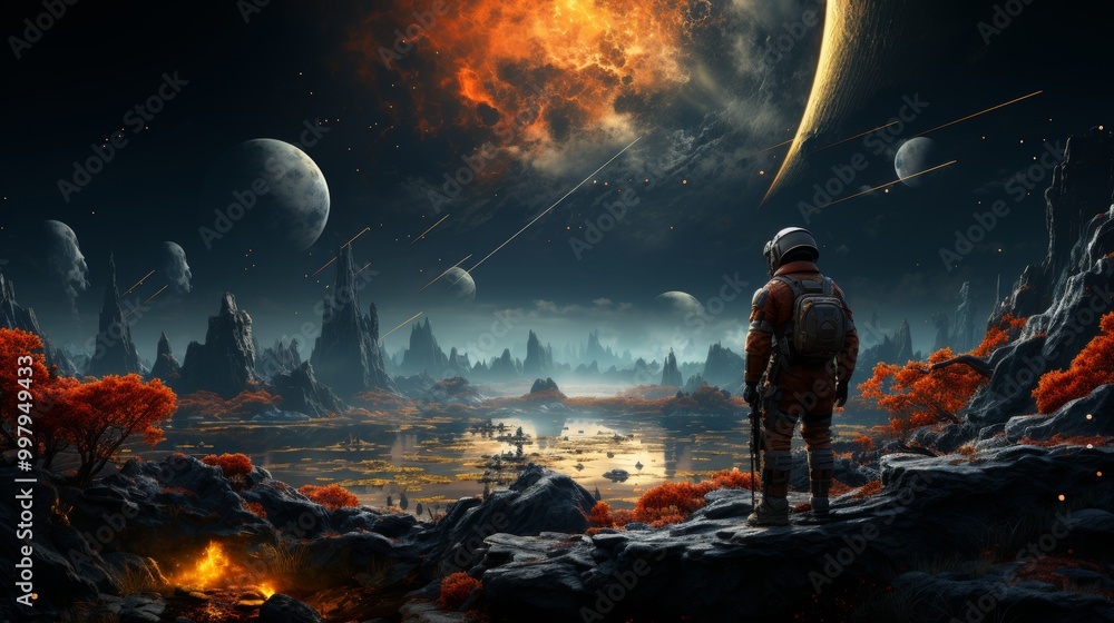 Poster a man in a spacesuit stands on a rocky surface looking out into space