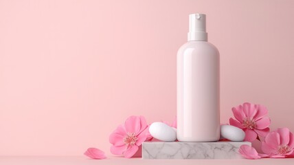 A minimalist pink bottle is elegantly displayed on a marble surface, surrounded by delicate flowers, evoking a sense of beauty and serenity.