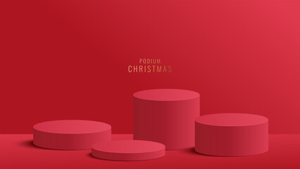 Podium Christmas. Podium for product display presentation with round circle shape. Podium platform to show product on red background. Merry Christmas background