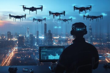 The drone pilot skillfully manages a fleet of sleek drones from a high-tech control center overlooking a glowing cityscape at night. Generative AI