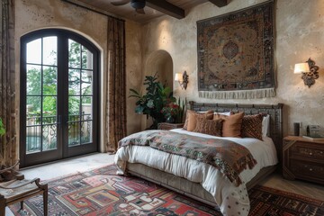 A bedroom with a large bed, a rug, and a wall hanging