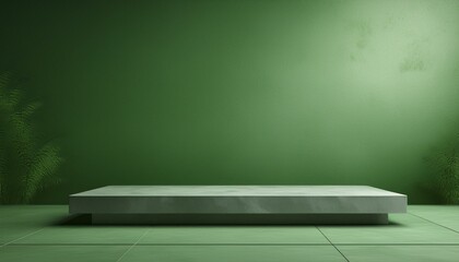 Studio with podium for product presentation. Empty floor and green wall with stand. 3D room with gradient background. Countertop with concrete or marble texture

