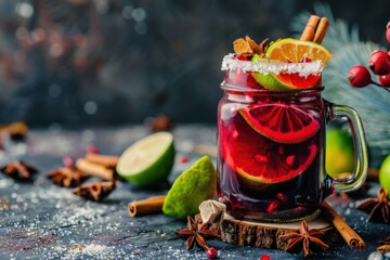 Mulled wine Margarita with mulled wine and lime, served in a mason jar, winter holiday background, copy space