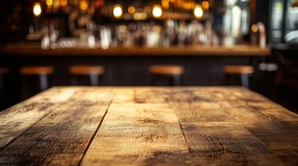 A rustic wooden tabletop is seen in close-up with a blurred bar interior in the background.