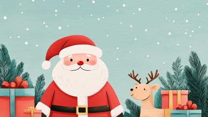 A cheerful Santa Claus stands beside a reindeer amidst snowy scenes and colorful presents. The festive atmosphere captures the joy of Christmas celebrations.