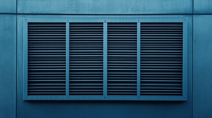 A blue wall featuring a rectangular air vent with metal slats, creating a sleek and modern appearance.