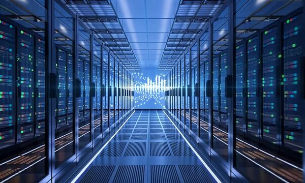 Inside the high-tech server room of a data center, illuminated network cables and data servers hum with activity as digital information flows effortlessly through them.