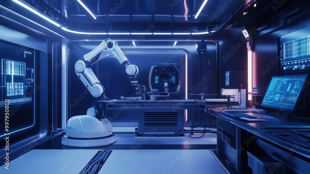 Aufkleber in a sleek lab, a robotic arm meticulously assembles intricate machinery surrounded by glowing panel