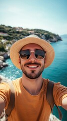 Handsome man wearing hat and sunglasses taking selfie picture on summer vacation day in a beach
