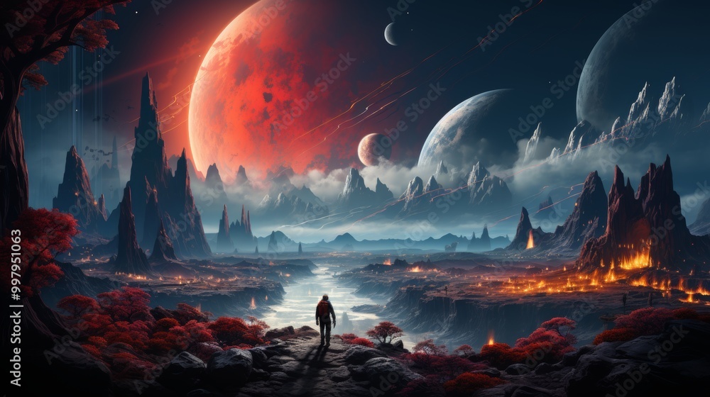 Poster a man is walking through a desolate landscape with a river in the foreground