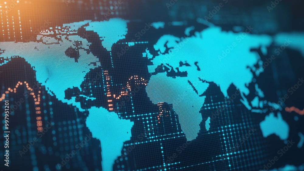 Aufkleber a detailed digital rendering of a world map with a blue color scheme, showcasing data visualization 