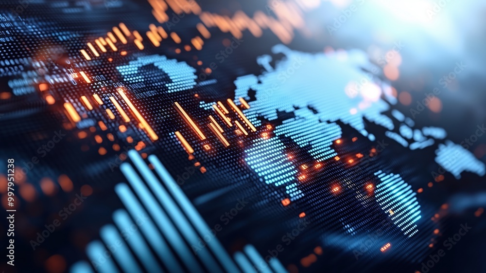Poster a futuristic digital representation of a world map with glowing data points and lines, symbolizing g