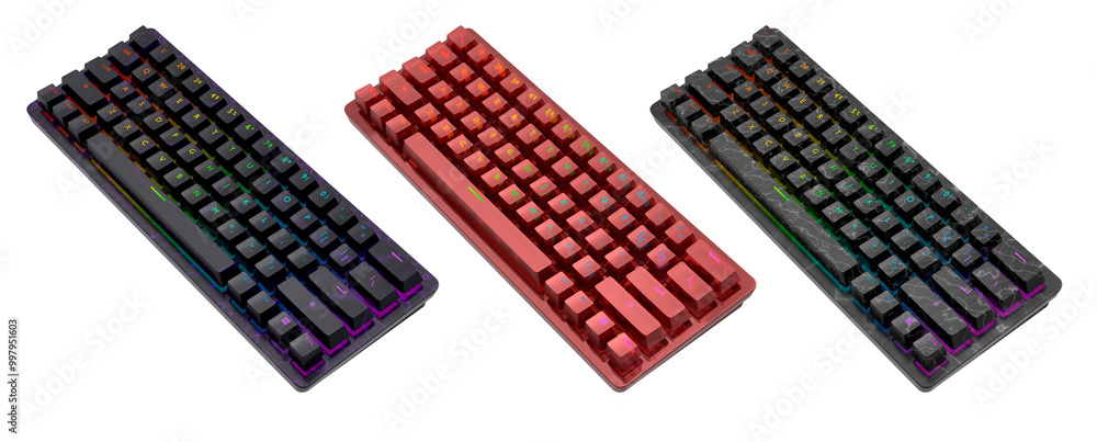 Poster collection of mechanical keyboards isolated on white background with clipping path. 3d rendering of 