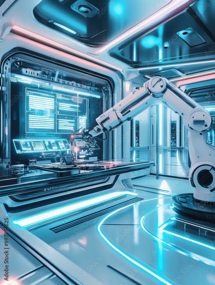 Poster in a sleek lab, a robotic arm meticulously assembles intricate machinery surrounded by vibrant glowi