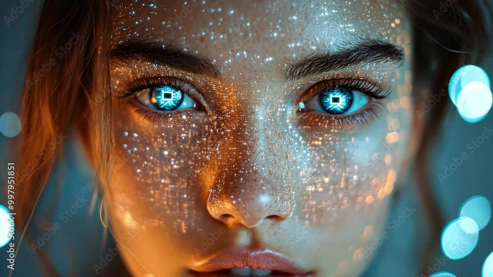 Leinwandbilder a young woman's face is illuminated by vibrant digital patterns, focusing on her striking eyes that 