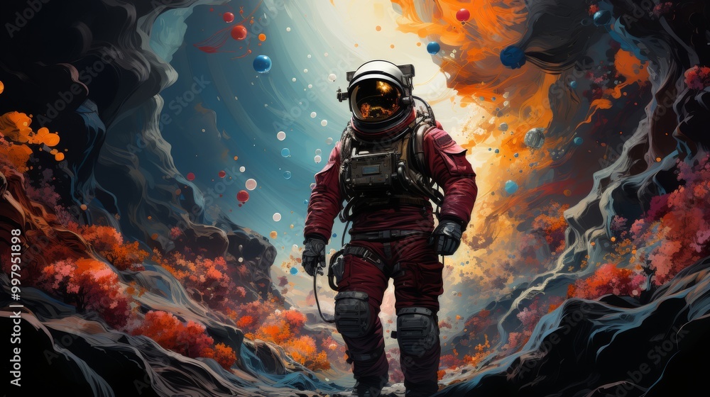 Poster a man in a red spacesuit is walking through a colorful, chaotic environment