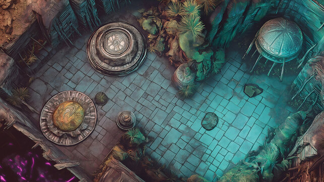 Alien Temple Battle Map for Sci-Fi DnD, Top-Down Tabletop Role-Playing Game Map, Futuristic Temple Adventure Background, Virtual Tabletop RPG Asset for Space Exploration, High-Resolution Sci-Fi Enviro