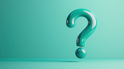 Naklejka premium A vibrant turquoise question mark standing on a minimalist surface, symbolizing inquiry and curiosity. Ideal for concepts related to uncertainty and exploration.