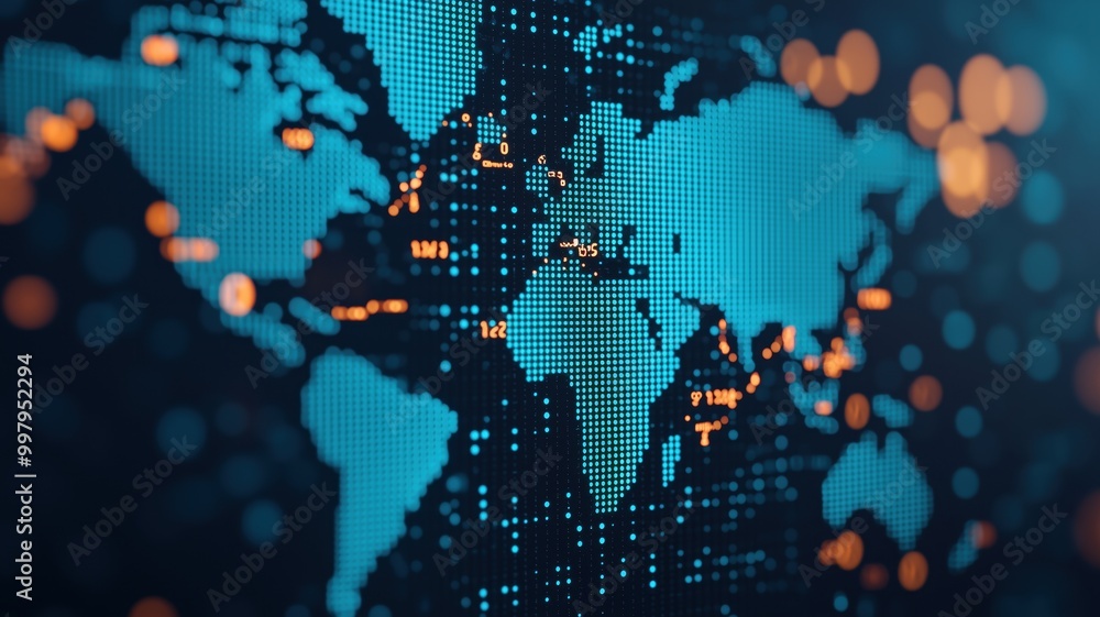 Aufkleber close-up of a digital world map with glowing pins and dots, showcasing global connectivity and data 