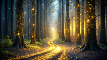 mystical forest path illuminated by golden dust leads into serene, enchanting light. tall trees create magical atmosphere, inviting exploration and wonder