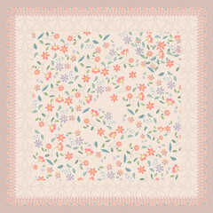 Charming floral pattern with soft pink, orange, and purple flowers and green leaves on a cream background, surrounded by a delicate lace-like border. Perfect for textiles, wallpapers, and stationery.