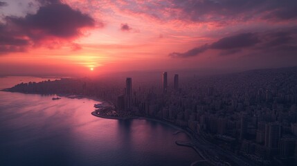 Fototapeta premium A stunning spectacle of Beirut city against the backdrop of a captivating sunset in Lebanon.