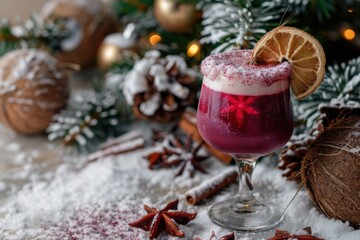 Mulled wine Colada with mulled wine and coconut, served in a stylish glass, winter holiday background, copy space