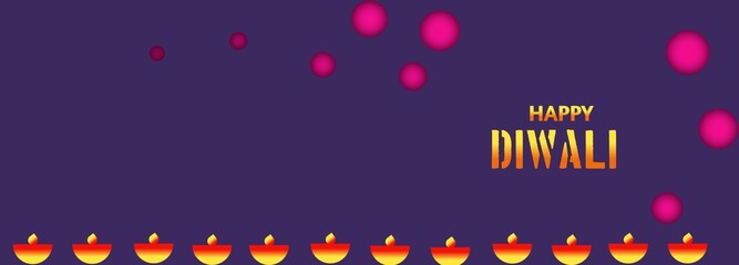 Website header or banner design with realistic oil lamp on purple background for Diwali Festival celebration, Hindi calligraphy english translation Happy diwali.