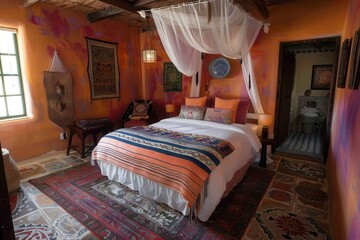A colorful bedroom with a bed, a chair, and a table
