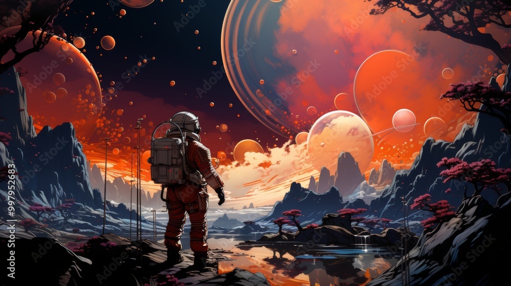 Poster a man in a spacesuit is standing on a planet with a large red planet in the back